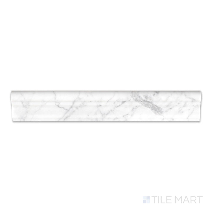 Top-down view of White Carrara Marble 2x12 polished grand chair rail, showing a glossy surface with elegant grey veining and a gently rounded edge.