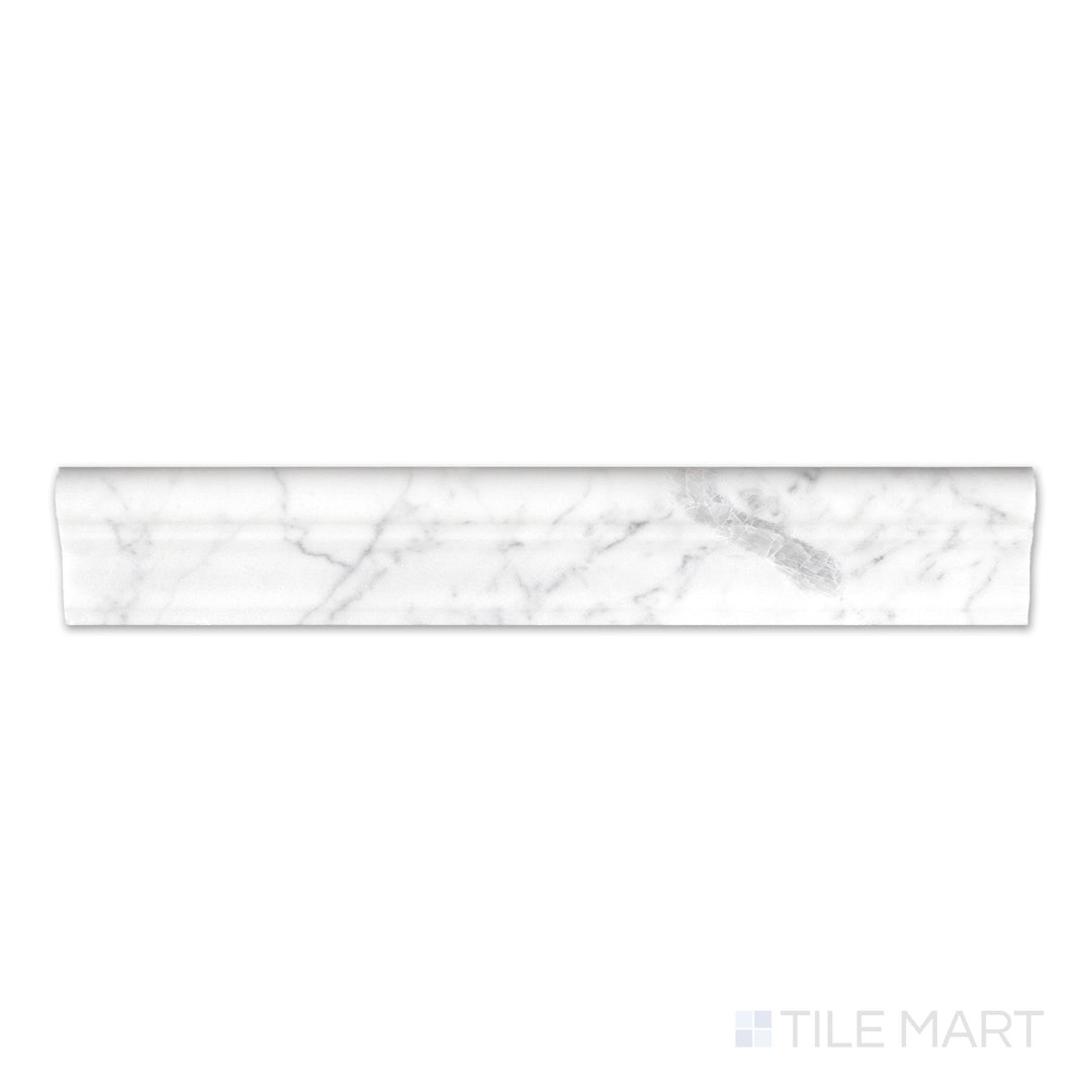Top-down view of White Carrara Marble 2x12 polished grand chair rail, showing a glossy surface with elegant grey veining and a gently rounded edge.