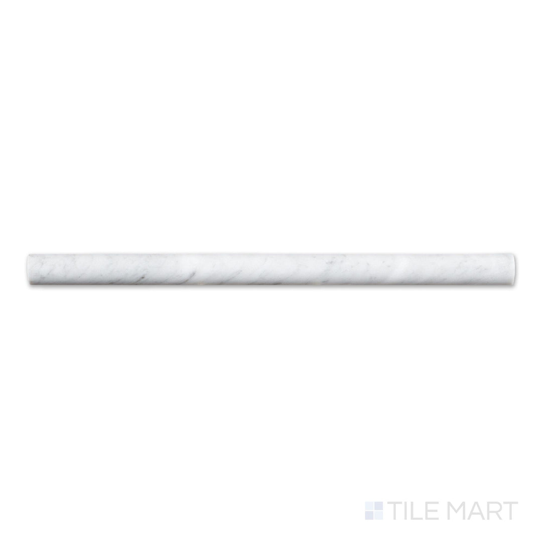 Overhead photo of White Carrara Marble 0.75x12 polished standard liner, a sleek polished marble strip with a crisp white background and delicate grey veins.