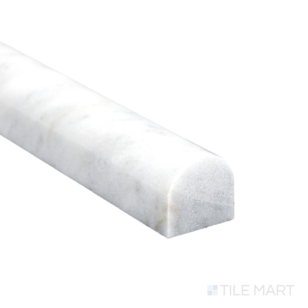 Corner detail of White Carrara Marble 0.75x12 polished standard liner highlighting bright reflective finish and smooth edge.