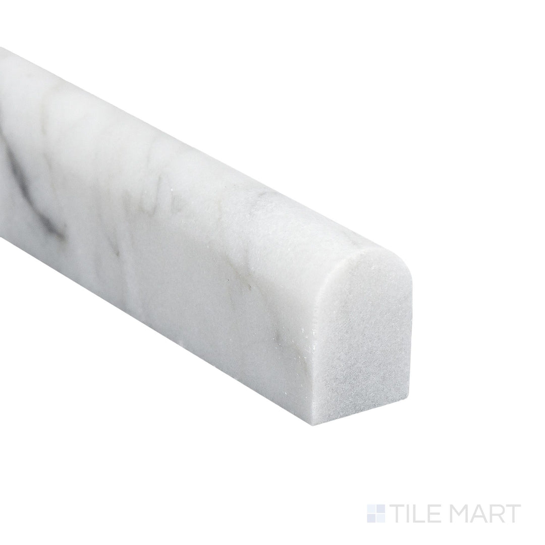 Corner close-up of White Carrara Marble 0.5x12 honed mini liner showing delicate matte surface and refined veining.