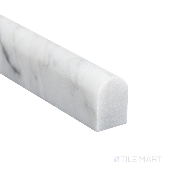 Corner close-up of White Carrara Marble 0.5x12 honed mini liner showing delicate matte surface and refined veining.