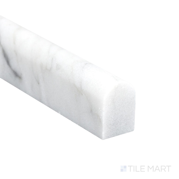 Corner detail of White Carrara Marble 0.5x12 polished mini liner highlighting sleek glossy surface and fine marble detail.