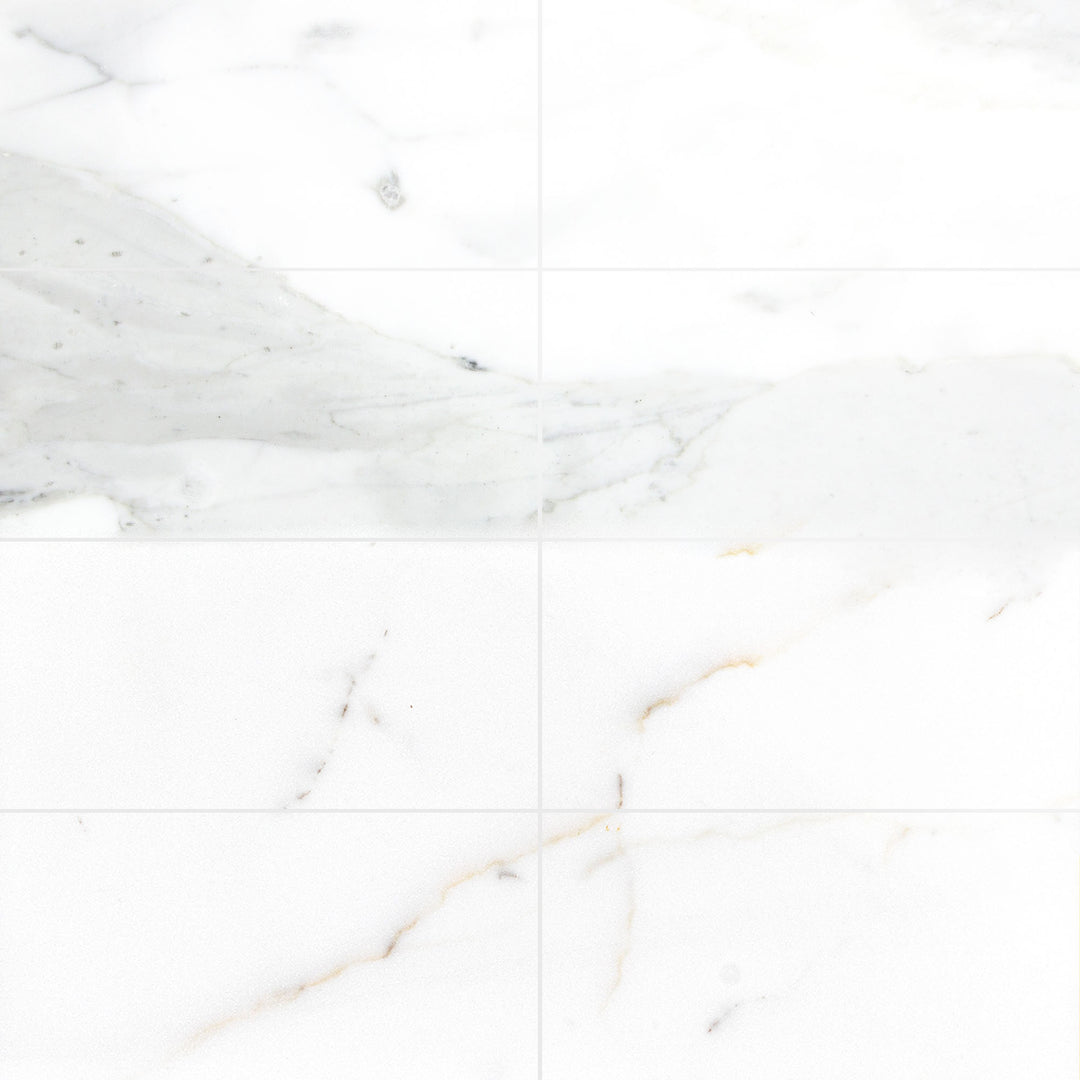 Layout of Calacatta Gold Marble 6X12 polished tiles showcasing high-gloss texture and rich veining across multiple pieces.