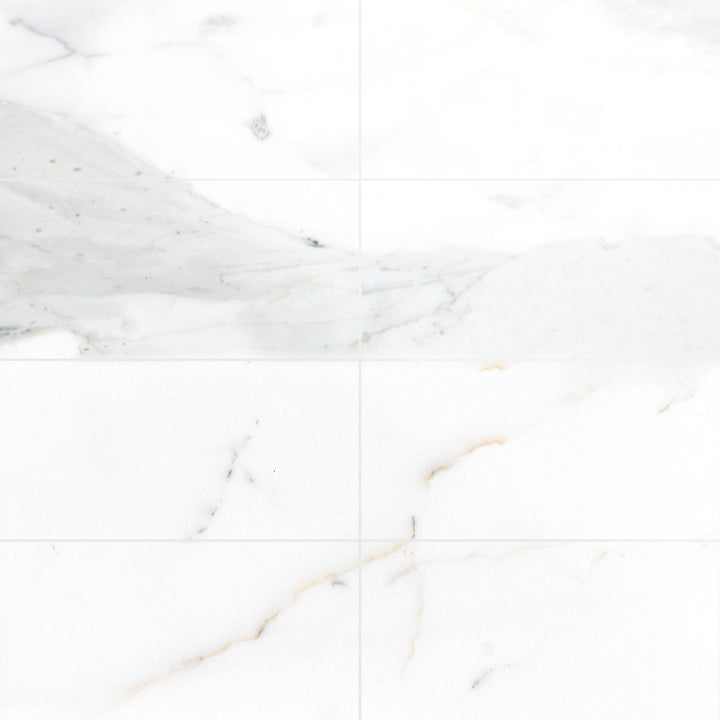 Layout of Calacatta Gold Marble 6X12 polished tiles showcasing high-gloss texture and rich veining across multiple pieces.