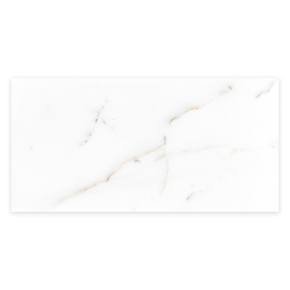 Polished Calacatta Gold Marble tile in 6x12 size shown from above, reflecting luxury and sophistication through its rich veining and smooth surface.