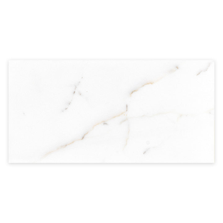 Polished Calacatta Gold Marble tile in 6x12 size shown from above, reflecting luxury and sophistication through its rich veining and smooth surface.