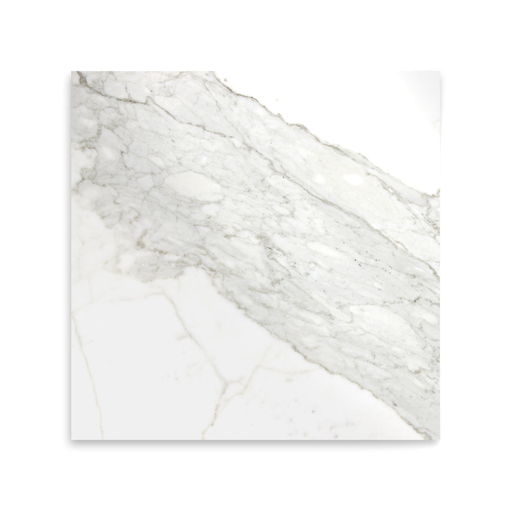 Polished Calacatta Gold Marble 12x12 tile shown from above, highlighting a radiant surface with signature golden veining across a white marble base.