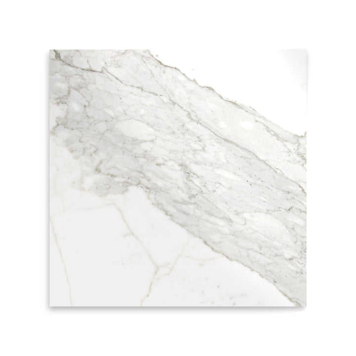 Polished Calacatta Gold Marble 12x12 tile shown from above, highlighting a radiant surface with signature golden veining across a white marble base.