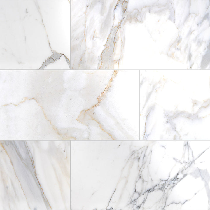 Polished Calacatta Gold Marble 12X24 tiles in an overview arrangement, highlighting reflective surface and pattern continuity.
