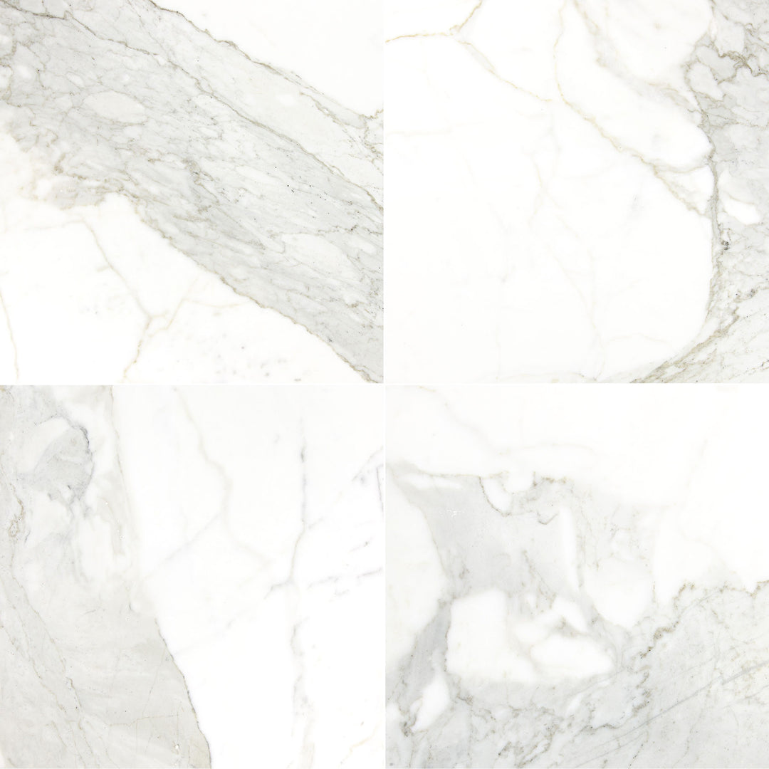 Calacatta Gold Marble 18X18 tiles in polished finish presented in a layout to convey gloss and elegant marble movement.