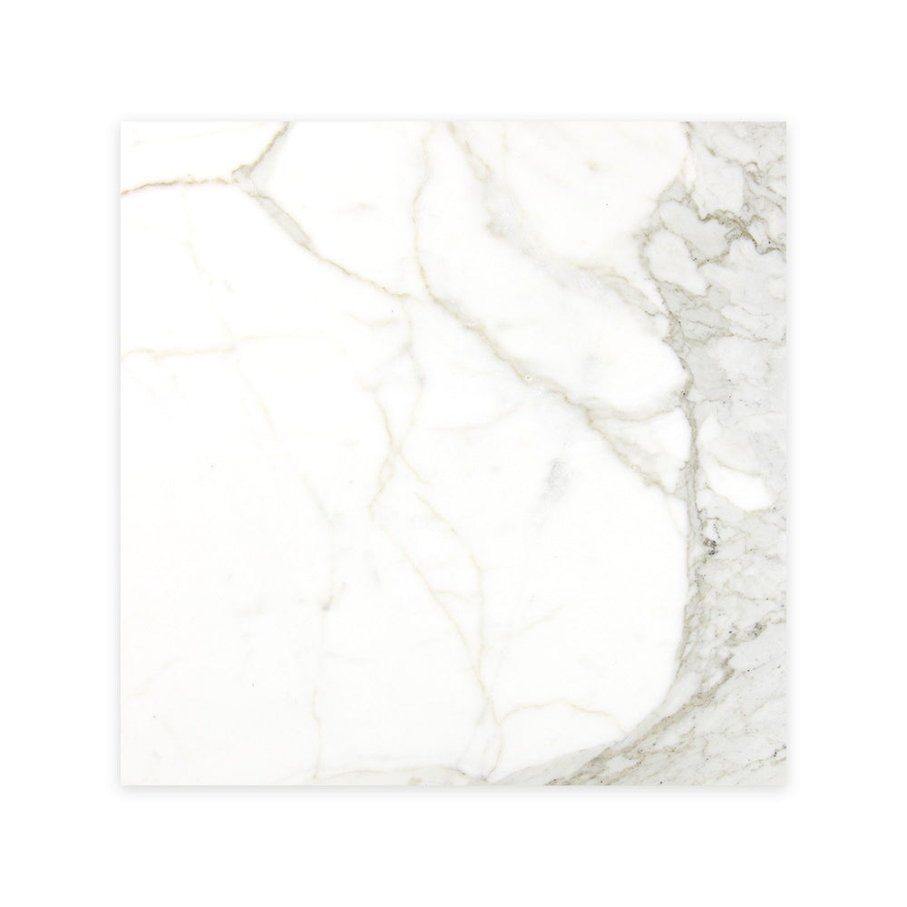 Top-down image of Calacatta Gold Marble 24x24 polished tile, featuring a luxurious white base with rich gold and grey veining in a glossy finish.