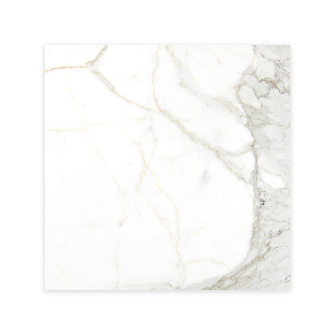 Top-down image of Calacatta Gold Marble 24x24 polished tile, featuring a luxurious white base with rich gold and grey veining in a glossy finish.