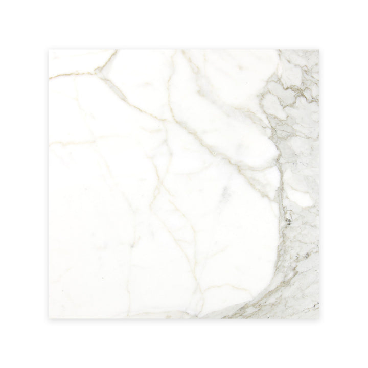 Top-down image of Calacatta Gold Marble 24x24 polished tile, featuring a luxurious white base with rich gold and grey veining in a glossy finish.