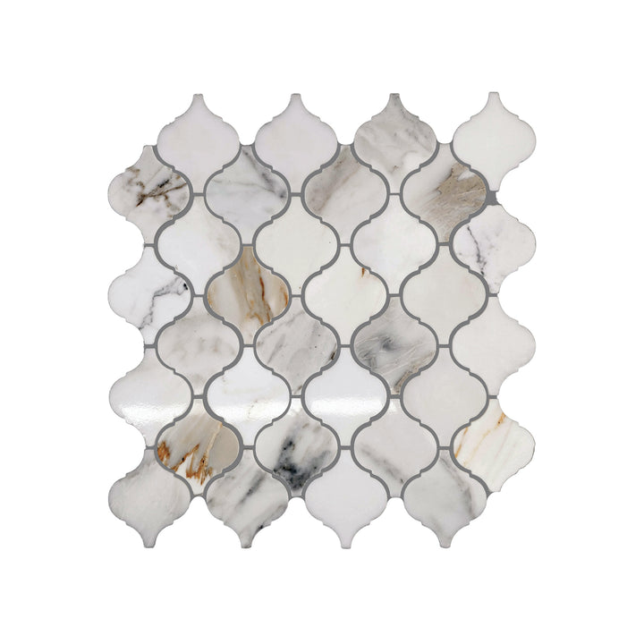 Top-down view of Calacatta Gold Marble 4 inch Lantern Arabesque Mosaic with a honed finish, offering a soft matte surface with elegant curves and gold veining.