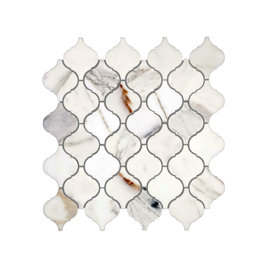 Overhead image of Calacatta Gold Marble 4 inch Lantern Arabesque Mosaic in a polished finish, showcasing graceful shapes with a high-gloss marble surface.