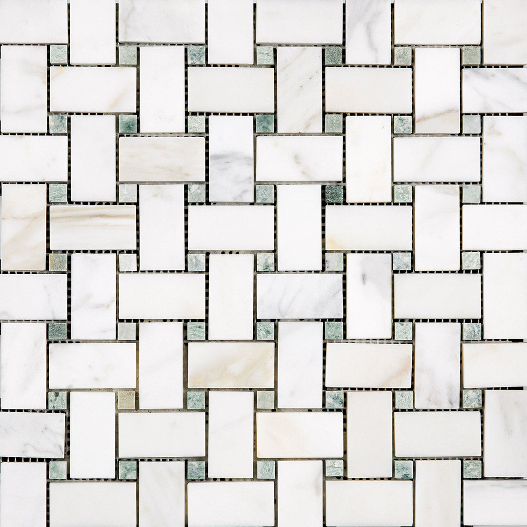 Overview of Calacatta Gold Marble Basketweave with green dot honed mosaic, highlighting pattern and color accents.