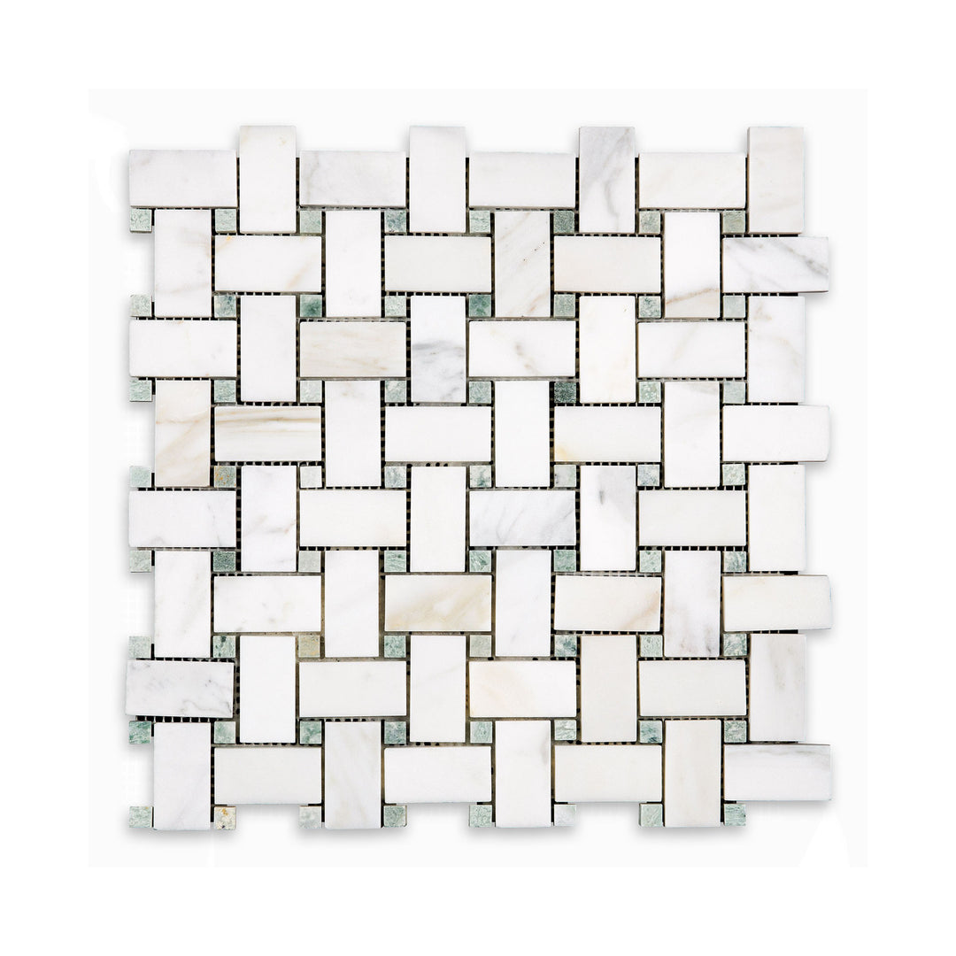 Top-down perspective of Calacatta Gold Marble basketweave mosaic with green dot in honed finish, blending natural elegance with a subtle pop of color.