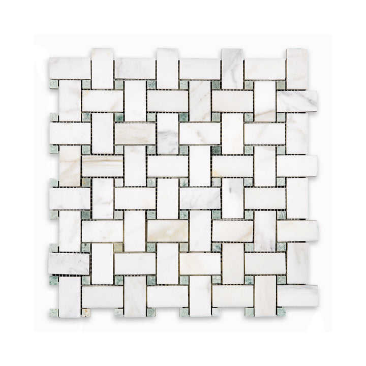 Top-down perspective of Calacatta Gold Marble basketweave mosaic with green dot in honed finish, blending natural elegance with a subtle pop of color.