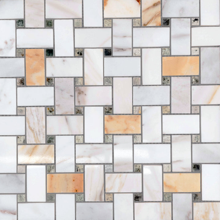 Polished Basketweave mosaic of Calacatta Gold Marble with green dot accents arranged to reveal pattern clarity and finish.