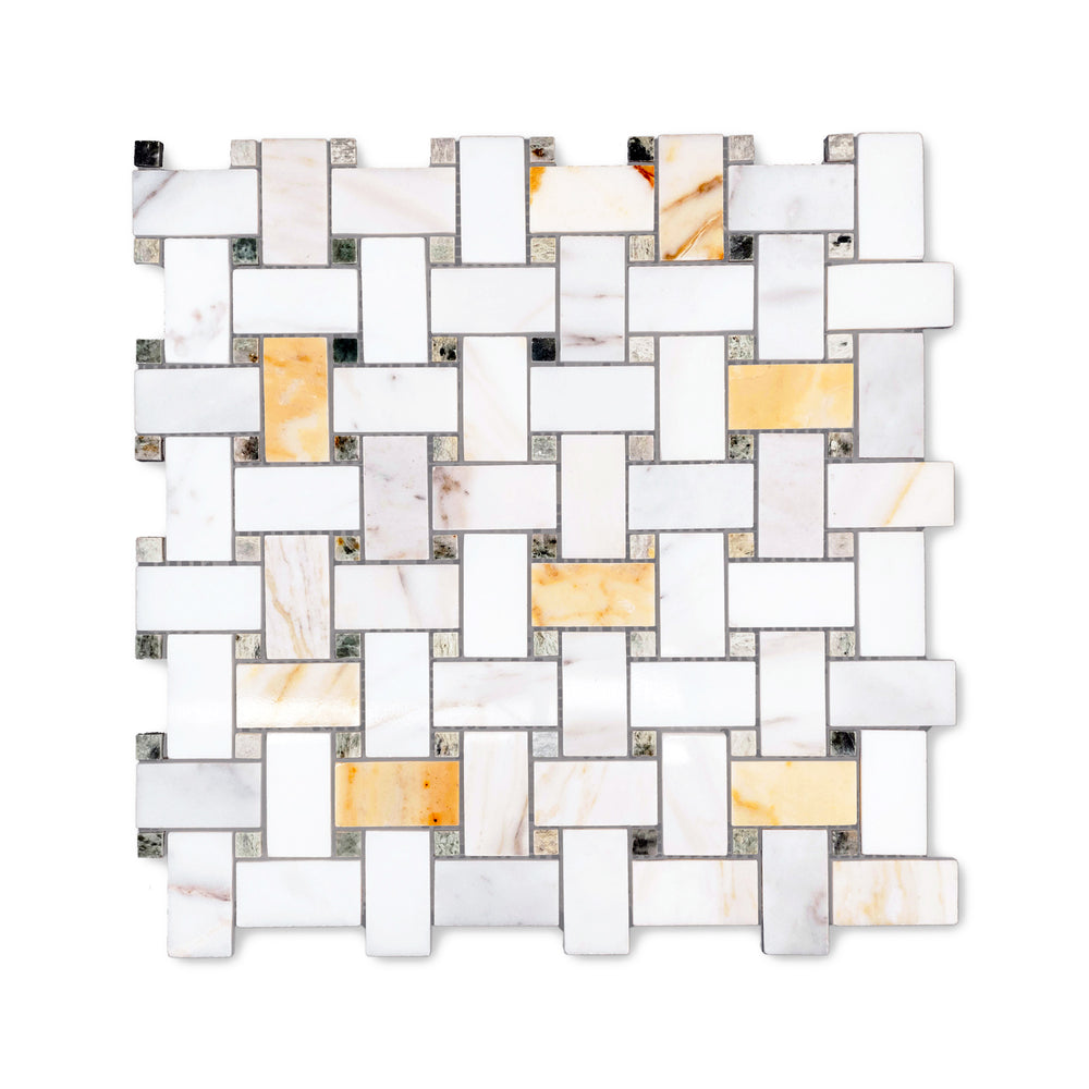 Polished Calacatta Gold Marble basketweave mosaic with green dot viewed from above, featuring refined veining and glossy texture for elevated spaces.