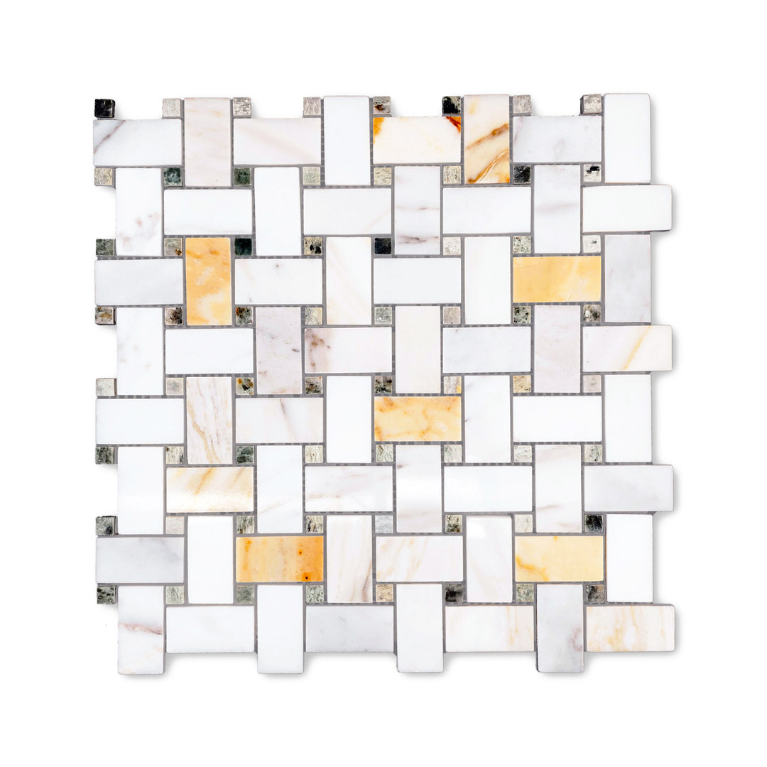 Polished Calacatta Gold Marble basketweave mosaic with green dot viewed from above, featuring refined veining and glossy texture for elevated spaces.