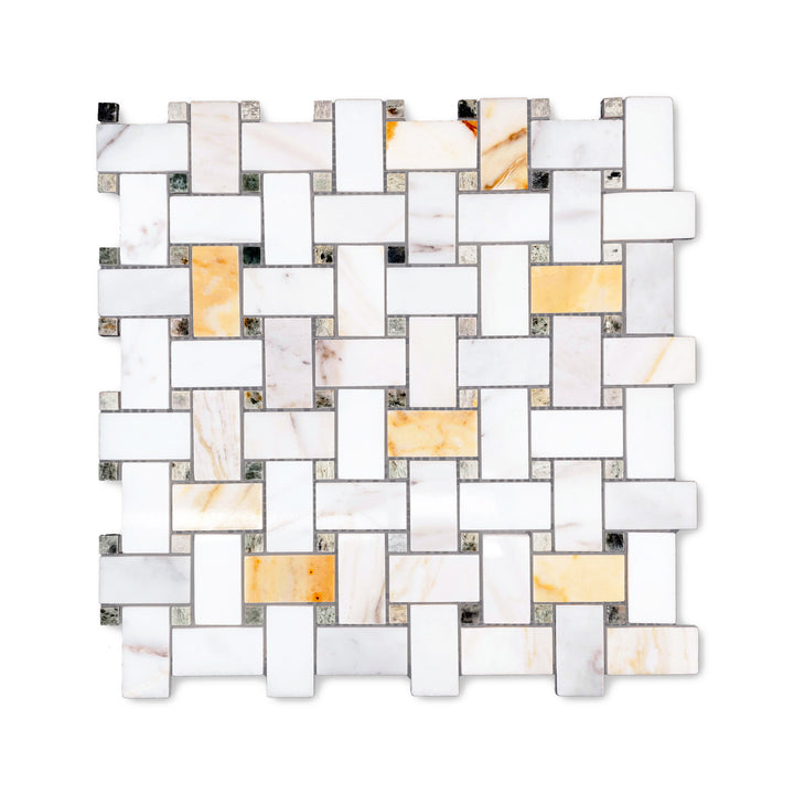 Polished Calacatta Gold Marble basketweave mosaic with green dot viewed from above, featuring refined veining and glossy texture for elevated spaces.
