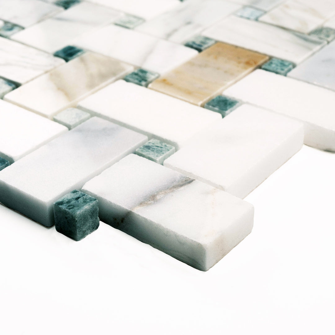 Polished Calacatta Gold Basketweave mosaic with green dot detail captured at an angle, radiating luxury with high gloss and refined layout.