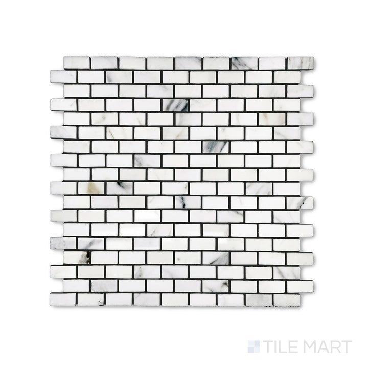 This top view displays a polished Calacatta Gold Marble brick mosaic in 5/8 by 1-1/4 inch size, delivering a sleek surface with classic veining.