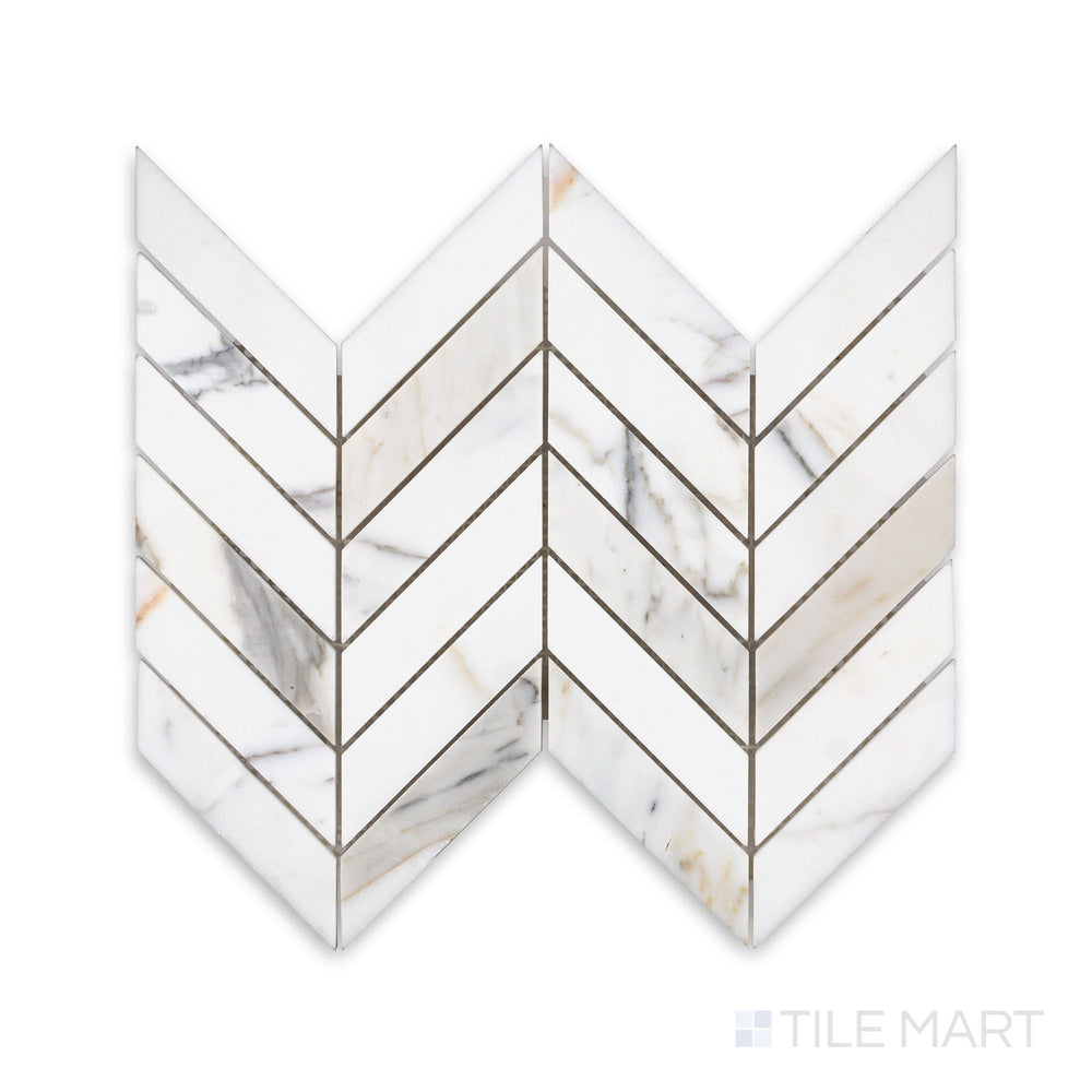 Flat-lay of Calacatta Gold Marble chevron polished mosaic, showcasing V-shaped white marble pieces with flowing golden and grey veins, arranged in a seamless zigzag pattern.