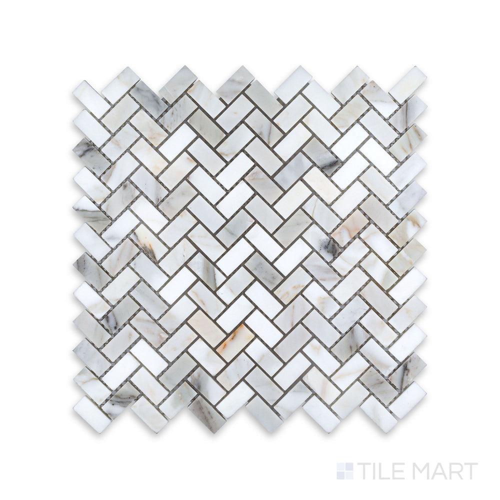 Overhead view of Calacatta Gold Marble 5/8x1-1/4 herringbone polished mosaic, with small rectangular marble pieces in a classic herringbone layout, showing intricate veining and high polish.