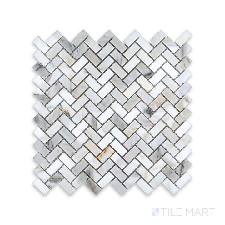 Overhead view of Calacatta Gold Marble 5/8x1-1/4 herringbone polished mosaic, with small rectangular marble pieces in a classic herringbone layout, showing intricate veining and high polish.