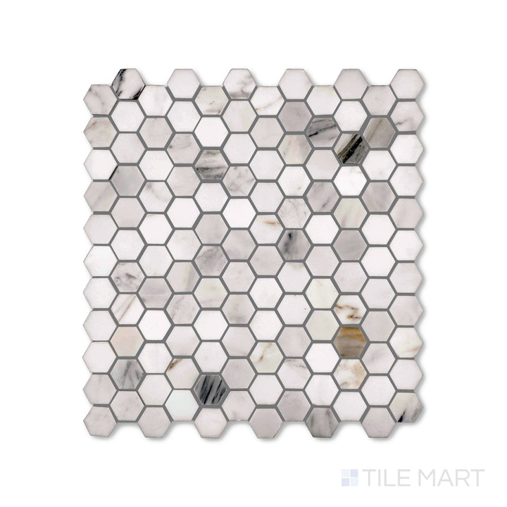 Top-down image of Calacatta Gold Marble 1" hexagon polished mosaic, composed of small hexagonal tiles with brilliant gold and grey veining against a white background.