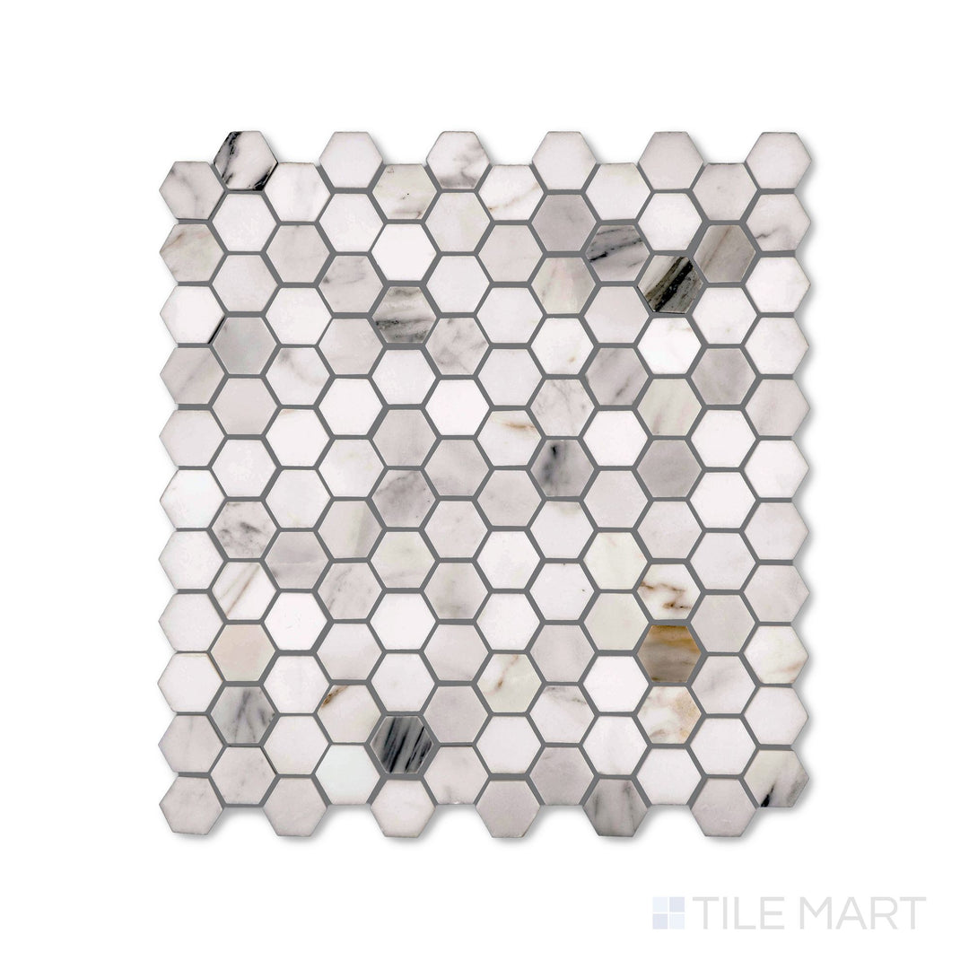 Top-down image of Calacatta Gold Marble 1" hexagon polished mosaic, composed of small hexagonal tiles with brilliant gold and grey veining against a white background.