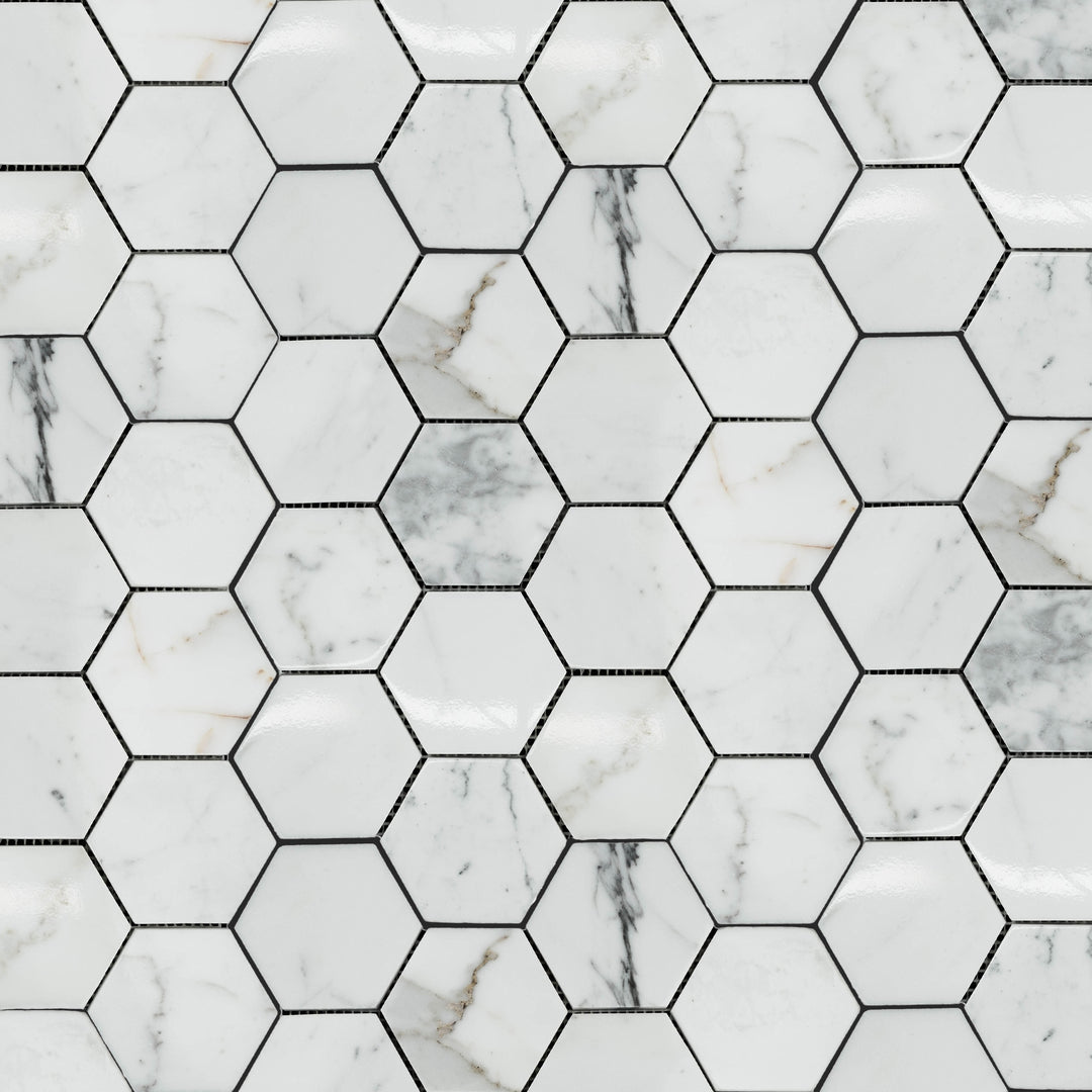 Calacatta Gold Marble 3" hexagon polished mosaic presented in full layout, emphasizing glossy finish and luxurious stone veining.