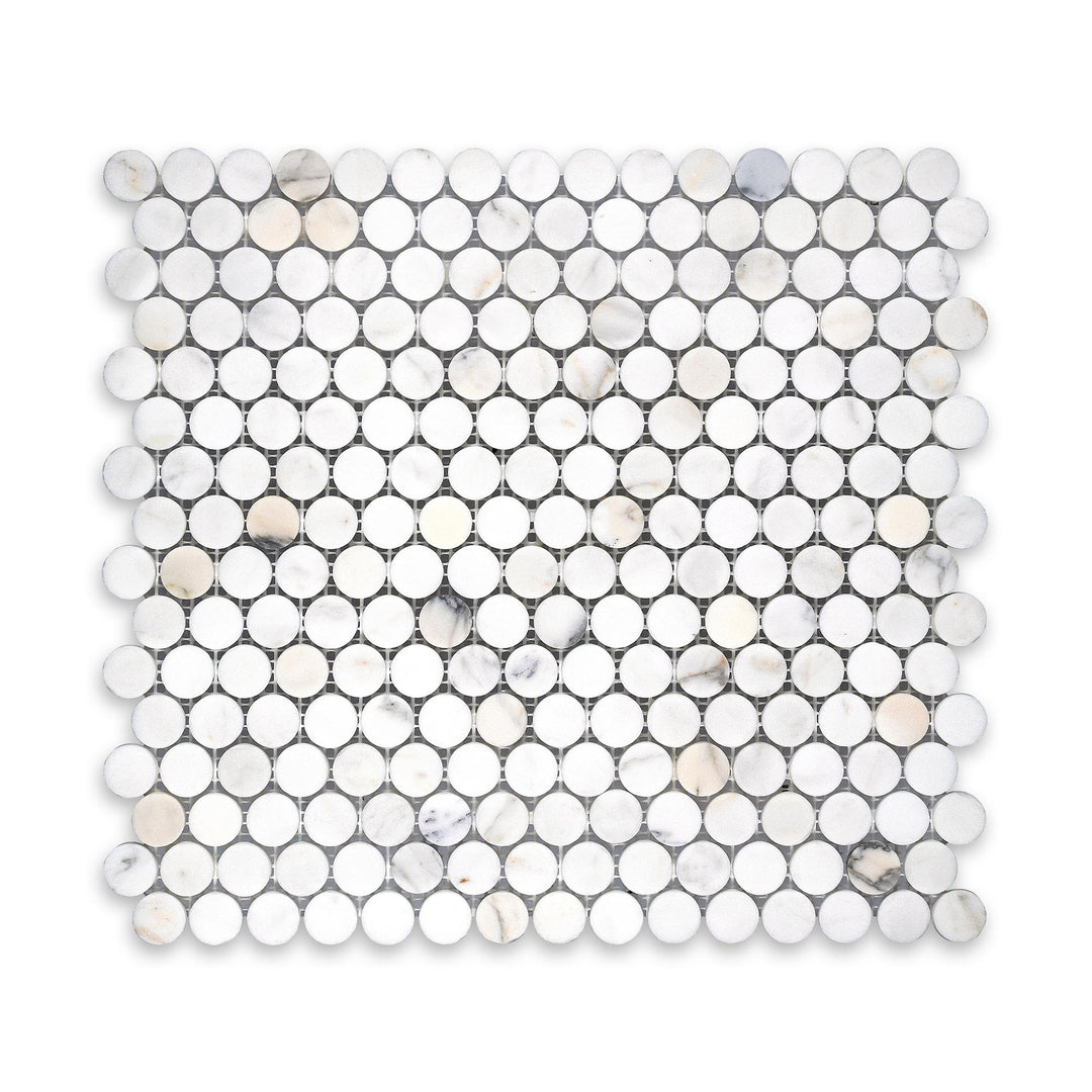 Honed Calacatta Gold Marble penny round mosaic seen from above, offering soft texture and circular design with subtle golden tones.