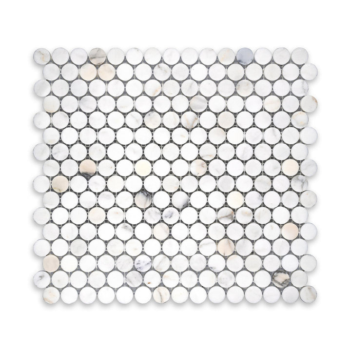 Honed Calacatta Gold Marble penny round mosaic seen from above, offering soft texture and circular design with subtle golden tones.