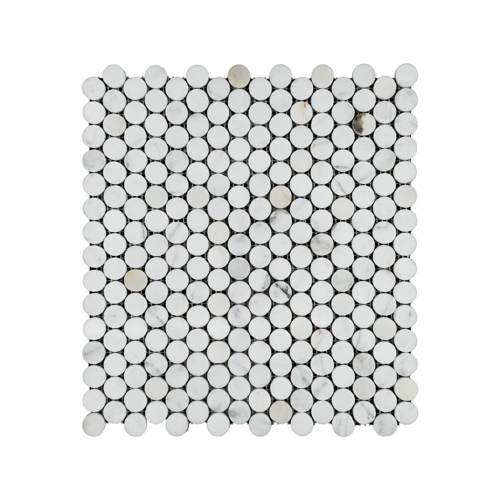 Polished Calacatta Gold Marble penny round mosaic captured from a top-down angle, highlighting glossy finishes and classic marble character.