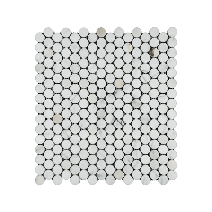 Polished Calacatta Gold Marble penny round mosaic captured from a top-down angle, highlighting glossy finishes and classic marble character.