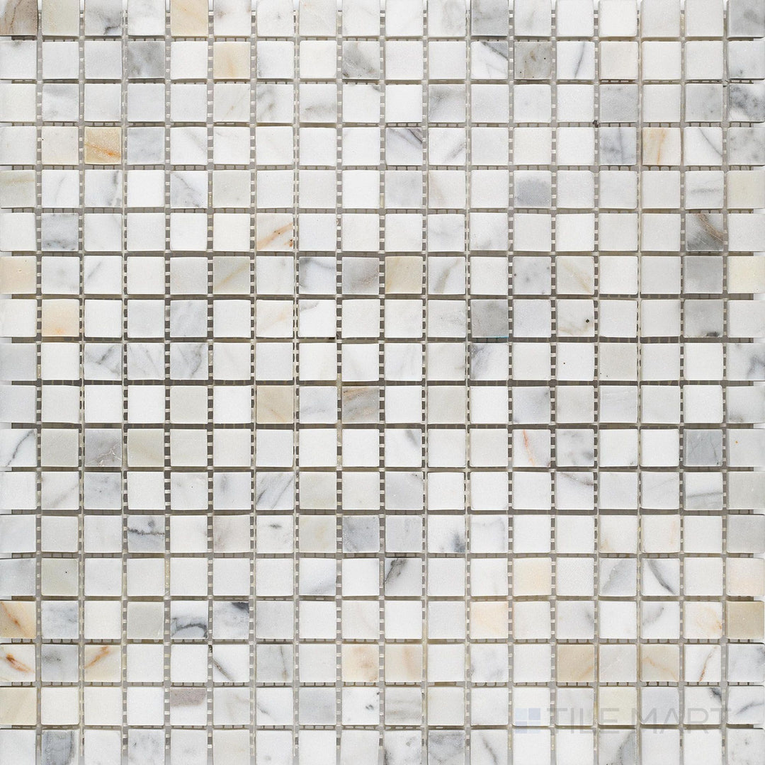 Overview of Calacatta Gold Marble 5/8" square honed mosaic arranged in a tight grid with refined marble texture.