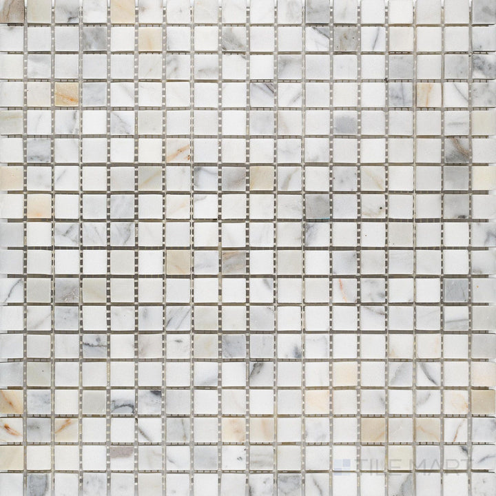 Overview of Calacatta Gold Marble 5/8" square honed mosaic arranged in a tight grid with refined marble texture.