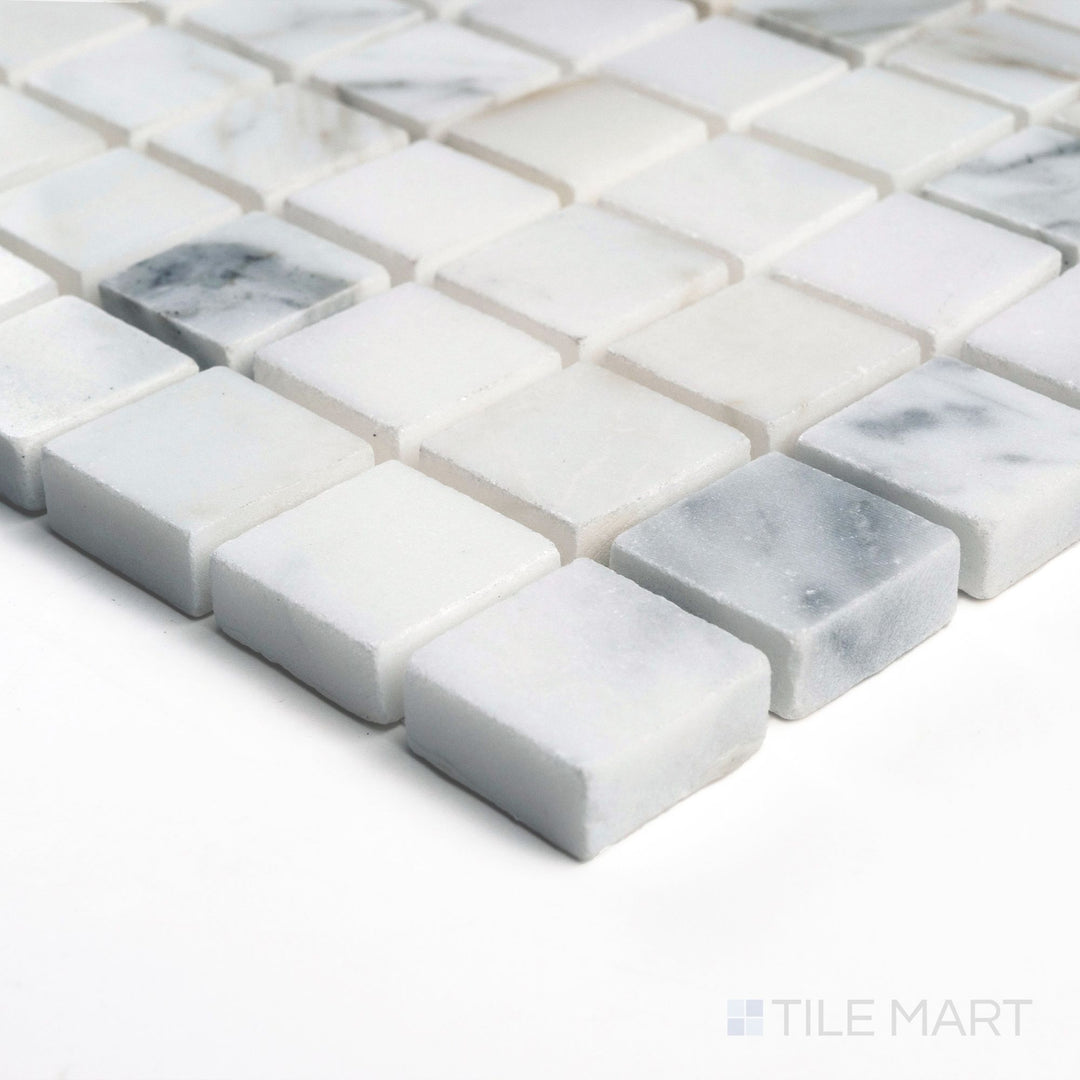 Corner detail of Calacatta Gold Marble 5/8" square honed mosaic highlighting soft matte texture and subtle veining.