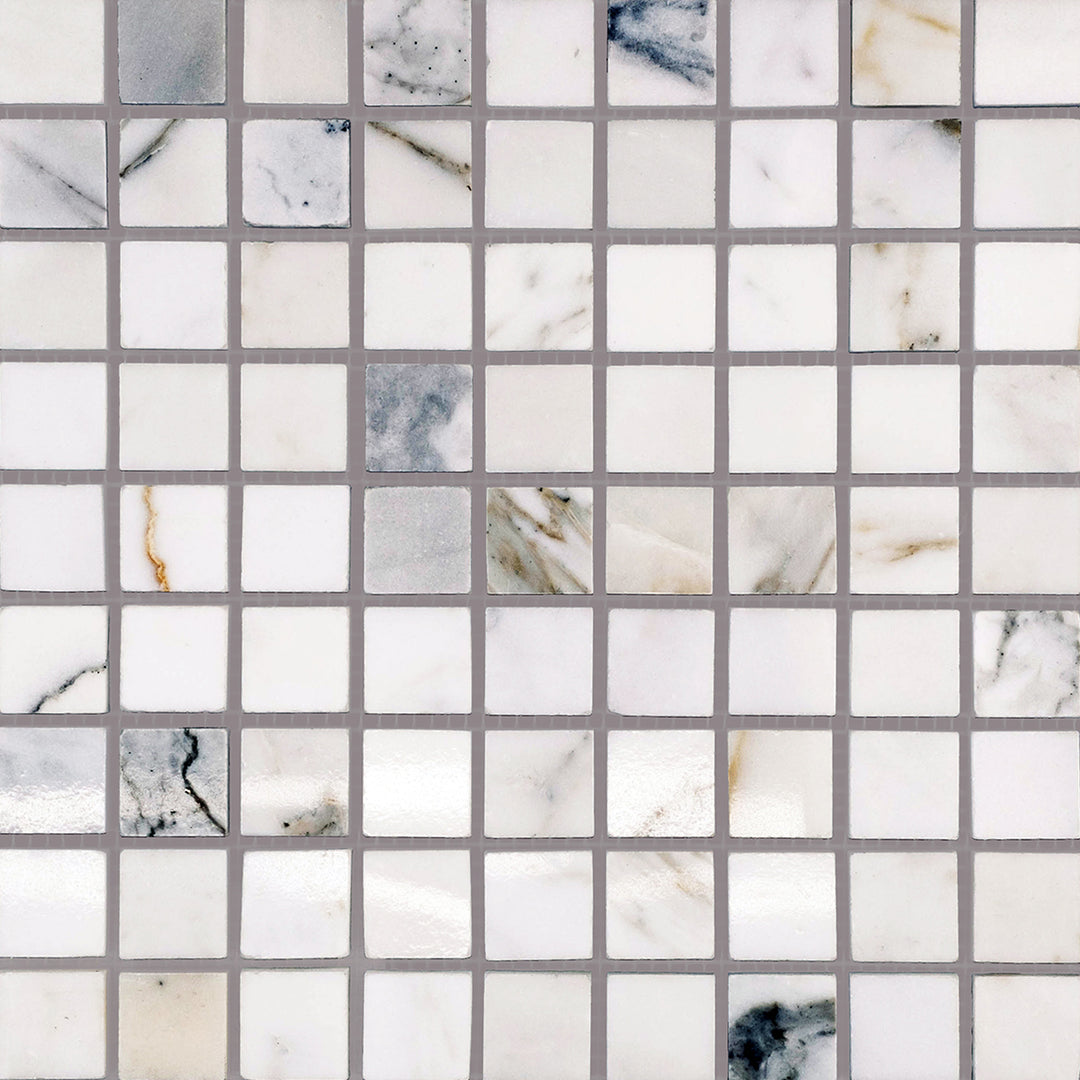 Polished Calacatta Gold Marble 5/8" square mosaic tiles showcased in a compact, glossy overview.