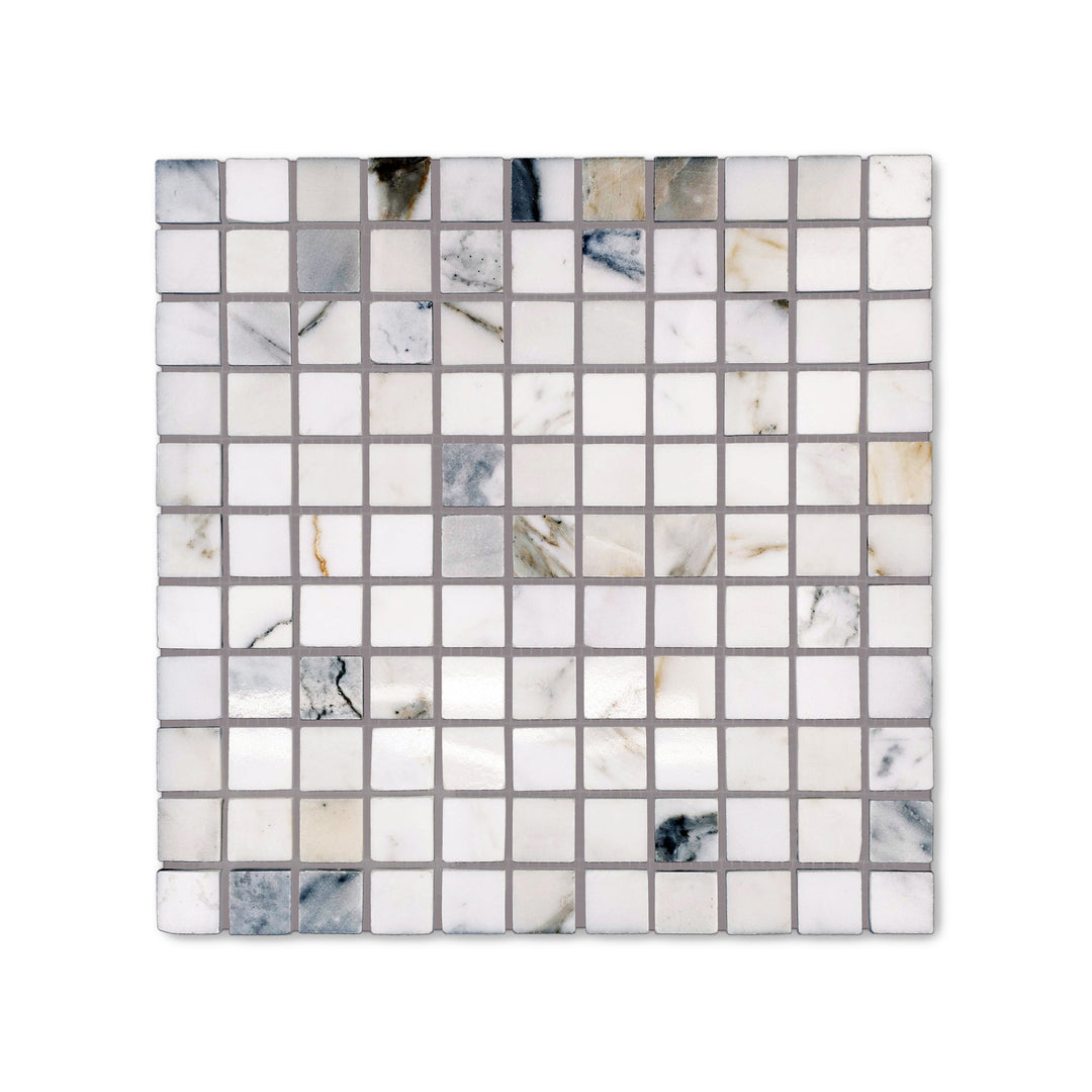 Seen from a top-down angle, this 5/8 inch square Calacatta Gold Marble mosaic features a polished finish that adds shine to intricate marble patterning.