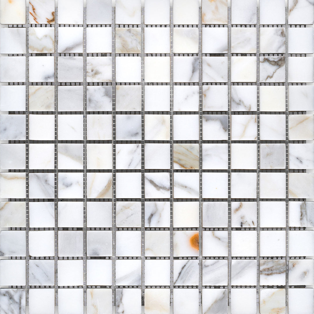 Calacatta Gold Marble 1" square honed mosaic tiles spread in a grid pattern to highlight matte veining detail.