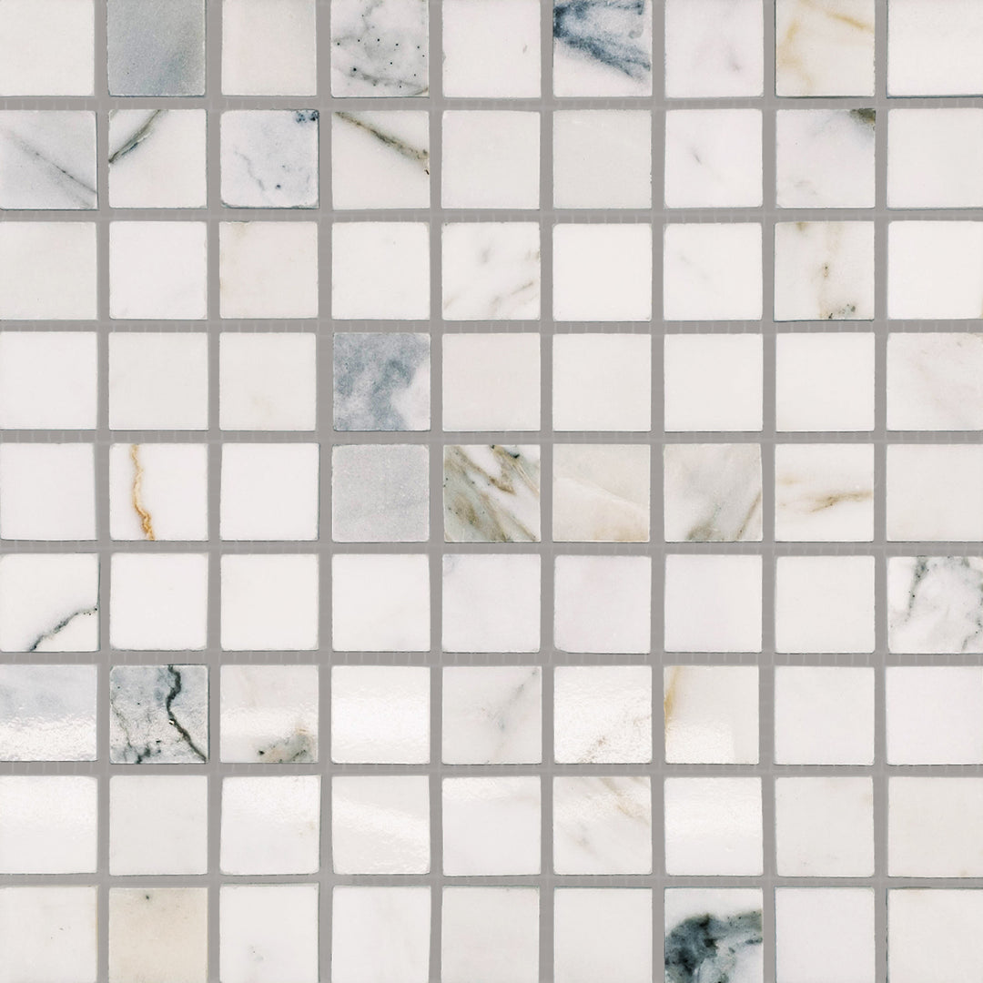 Polished Calacatta Gold Marble 1" square mosaic tiles arranged in a bright reflective overview.