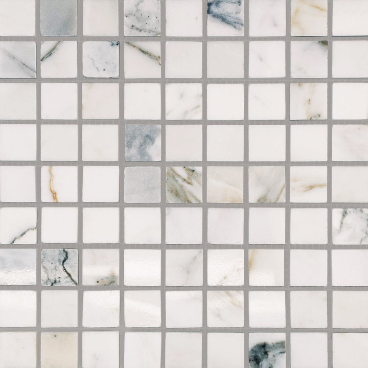 Polished Calacatta Gold Marble 1" square mosaic tiles arranged in a bright reflective overview.