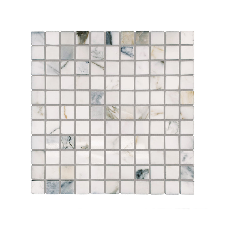 Polished Calacatta Gold Marble 1 inch square mosaic tile shown from above, offering crisp symmetry and a glossy surface with warm veining.