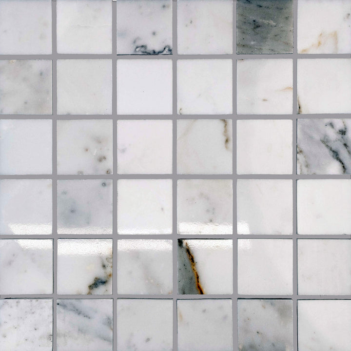 Calacatta Gold Marble 2" square polished mosaic displayed in full layout with crisp edges and luminous surfaces.