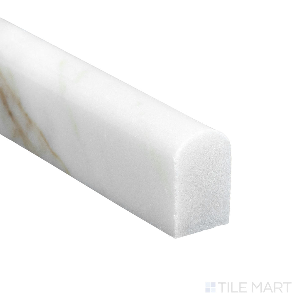 Corner close-up of Calacatta Gold Marble 0.5x12 honed mini liner showing delicate matte finish and smooth contour.